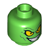 Minifig Head Green Goblin, Dual Sided, Yellow Eyes, Angry / Wide Evil Grin Print [Hollow Stud] Bright Green