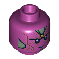 Minifig Head Vision, Dark Purple Eyes, Yellow Spot on Forehead, Sand Green Panels Print Magenta