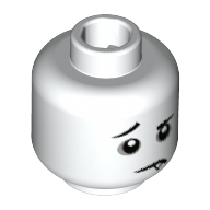 Minifig Head Spooky Boy, Eyebrows, Raised Right Eyebrow, Dark Bluish Gray Eye Circles, Downturned Mouth with Fang Print Weiß