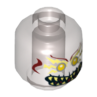 Minifig Head Mayhem, Yellowish Green Lightning Bolts around Gold Eyes, Dark Red Face Lines, Fangs Print [Hollow Stud] Transparent-Braun