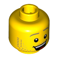 Minifig Head Hiker, Dark Tan Eyebrows and Stubble Beard, Open Smile / Raised Left Eyebrow, Lost Print Yellow