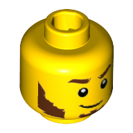 Minifig Head Rogue, Beard Reddish Brown, Bushy Eyebrows, Sideburns, White Pupils, Lopsided Smile Print [Hollow Stud] Gelb