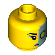 Minifig Head Cyborg, Eyebrow, Dark Azure Lips, Dark Azure and Silver Cyborg Eyepiece Print Gelb