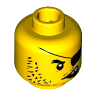 Minifig Head Scallywag Pirate, Beard Black Stubble Long, Eyepatch, Crooked Open Mouth with 2 Teeth Print [Hollow Stud] Yellow