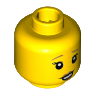 Minifig Head Babysitter, Raised Dark Orange Eyebrows, White Pupils, Dark Orange Lips, Lopsided Open Smile Print Yellow