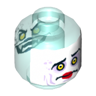 Minifig Head Jestro, Dual Sided, Yellow Eyes, Lightning, Teeth with Fangs, Evil Smile / White Face, Sunken Eyes, Red Lips, Confused Print [Hollow Stud] Transparent-Hellblau