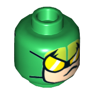 Minifig Head Scorpion, Balaclava, Light Nougat Face, Yellow Goggles Print [Hollow Stud] Green