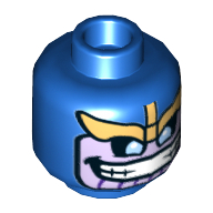 Minifig Head Thanos, Balaclava, Lavender Face, Gold Metal Wing-Shaped Visor, Blue Eyes, Wide Mouth with Teeth Print Blau