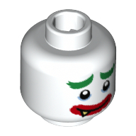 Minifig Head Joker, Green Eyebrows, Medium Blue Eye Shadow, Thick Red Lips, Smile with Sharp Tooth / Very Sad Frown Print White