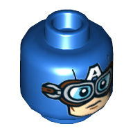 Minifig Head Captain America, 'A' on Forehead, Dark Brown and Gold Goggles, Light Nougat Face Print Blau