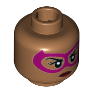 Minifig Head Batgirl, Dual Sided, Magenta Eyemask, Dark Red Lips, Grin with Teeth / Neutral Print [Hollow Stud] Medium Nougat