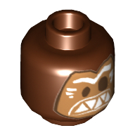 Minifig Head Kakamora, Medium Nougat Face, Dark Brown Eyes, White Eyebrows, Triangular Teeth Print [Hollow Stud] Rotbraun