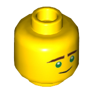 Minifig Head Lloyd, Dual Sided, Reddish Brown Eyebrows, Green Eyes, Slight Smile / Concerned Print [Hollow Stud] Gelb