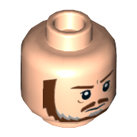 Minifig Head Qui-Gon Jinn, Dual Sided, Brown and Gray Beard, Brown Eyebrows, Moustache, White Pupils, Frown / Scared Print [Hollow Stud] Light Nougat