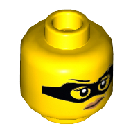 Minifig Head Criminal, Eye Mask, Eyebrows with One Eyebrow Raised, Red Lips with Smirk Print Gelb