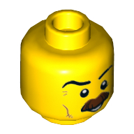 Minifig Head, Eyebrows, Crooked Brown Bushy Moustache Print Yellow