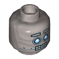 Minifig Head Bot, Blue Robot Eyes, Eyebrows, Open Mouth Clenched Silver Teeth Print [Hollow Stud] Flat Silver