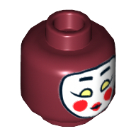 Minifig Head Kabuki Twin, White Kabuki Mask with Eyebrows, Yellowish Green Eyes, Round Red Cheeks and Red Lips Print [Hollow Stud] Dark Red