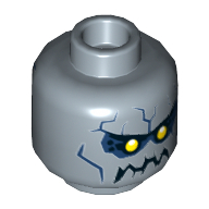 Minifig Head Stone Stomper, Yellow Eyes, Black Eyebrows and Jagged Rock Mouth, Dark Blue Eye Shadow and Stone Cracks Print [Hollow Stud] Sandblau