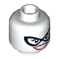 Minifig Head Harley Quinn, Dual Sided, Black Eyemask, Dark Red Lips, Diamond on Cheek, Wide Smile / Blue Eye Shadow, Frown Print [Hollow Stud] White