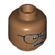 Minifig Head Commissioner James Gordon, Glasses, Dark Bluish Gray Eyebrows and Moustache, Firm / Determined Print Medium Nougat