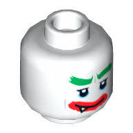 Minifig Head Joker, Dual Sided Green Eyebrows, Red Lips, 1 Fang, Sardonic Smile / Worried Wide Grin Print [Hollow Stud] Weiß