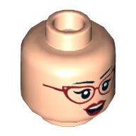 Minifig Head Harleen Quinzel (Harley Quinn), Dual Sided, Dark Red Glasses and Lips, Quizzical / Excited Print [Hollow Stud] Light Nougat