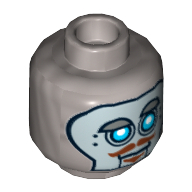 Minifig Head Robot Hoodlum, Blue Robot Eyes, Silver Face Panel, Raised Eyebrow, Brown Moustache and Goatee Print [Hollow Stud] Mattsilber