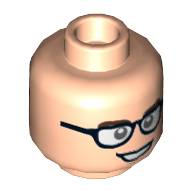 Minifig Head Justin Hammer, Dual Sided, Glasses with White Lenses, Dark Brown Eyebrows, Open Mouth Smile / Closed Mouth, Raised Eyebrow Print [Hollow Stud] Light Nougat