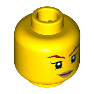 Minifig Head Skylor, Dark Red Eyebrows, Medium Nougat Lips, Lopsided Smile Print [Hollow Stud] Gelb