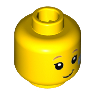 Minifig Head Butterfly Girl, Dark Tan Eyebrows, Eyelashes, Lopsided Grin, Bright Light Blue Flower on Cheek Print Gelb