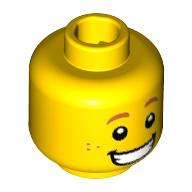 Minifig Head Hot Dog Man, Dark Orange Eyebrows and Freckles, Wide Grin with Teeth Print [Hollow Stud] Yellow