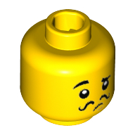 Minifig Head Connoisseur, Eyebrows, Raised Right Eyebrow, Black Thin Curly Mustache Print [Hollow Stud] Yellow