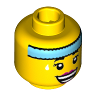 Minifig Head Dance Instructor, Dark Azure Headband, White Sweat Drops, Open Smile with Magenta Lips Print [Hollow Stud] Yellow