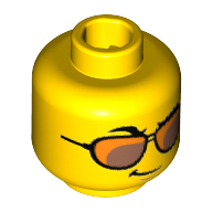 Minifig Head Yuppie, Orange and Copper Sunglasses, Raised Right Eyebrow, Smirk Print [Hollow Stud] Yellow