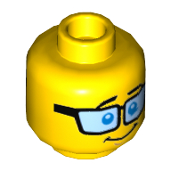 Minifig Head Paul, Blue Tinted Glasses, Brown Eyebrows, Shocked / Smile Print Gelb