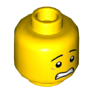 Minifig Head Chan Kong-Sang / Jia / Roby, Eyebrows, White Pupils, Scared / Lopside Smile Print Gelb