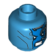 Minifig Head Nebula, Dual Sided, Blue Face, Mechanical Left Eye, Angry Expression and Silver Stripes on Back Print [Hollow Stud] Dark Azure