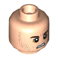 Minifig Head Bala-Tik, Dual Sided, Dark Brown Eyebrows and Stubble, Dark Orange around Eyes, Scared / Sneer Print [Hollow Stud] Hellnougat