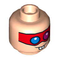 Minifig Head Polka-Dot Man, Dual Sided, Red Eyemask with Blue and Red Eyes, Buck Teeth, Neutral / Scared Print [Hollow Stud] Light Nougat