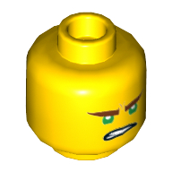 Minifig Head Lloyd, Reddish Brown Eyebrows, Green Eyes, Lopsided Open Mouth Grin / Gritted Teeth Print Gelb
