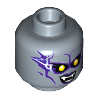 Minifig Head Harpy, Dual Sided, Female with Yellow Eyes, Lightning, Purple Lips, Fangs, Smile / Wink, Lopsided Smirk Print [Hollow Stud] Sandblau