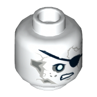 Minifig Head Lieutenant Lesaro, Gray Cracks and Spots, Black Eyepatch, White Eyes, Crooked Scowl Print [Hollow Stud] White