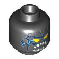 Minifig Head General Garg, Yellow Triangular Eyes, Blue Lightning on Front and Back, Pointed White Teeth Print [Hollow Stud] Schwarz