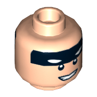 Minifig Head Batman, Black Stripe on Forehead, Squinted Eyes, Neutral / Grin Print Light Nougat