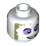 Minifig Head Beetlejuice, Dual Sided, Purple Eye Shadow, Dirt Around Face, Smile / Angry Print [Hollow Stud] White