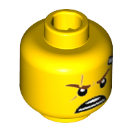 Minifig Head Kai, Reddish Brown Eyebrows, Medium Nougat Scar on Right Side, White Bandage on Left Side, Open Mouth Scowl Print [Hollow Stud] Gelb