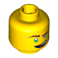 Minifig Head Lloyd, Reddish Brown Eyebrows, Green Eyes, Lopsided Open Mouth Grin Print [Hollow Stud] Gelb