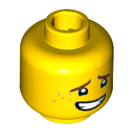 Minifig Head Jay Walker, Dark Brown Eyebrows, Dark Orange Freckles, Open Mouth Crooked Smile Print [Hollow Stud] Yellow