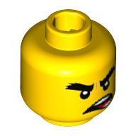 Minifig Head Cole, Bushy Scowling Eyebrows, Crooked Open Mouth with Teeth and Red Tongue Print [Hollow Stud] Gelb